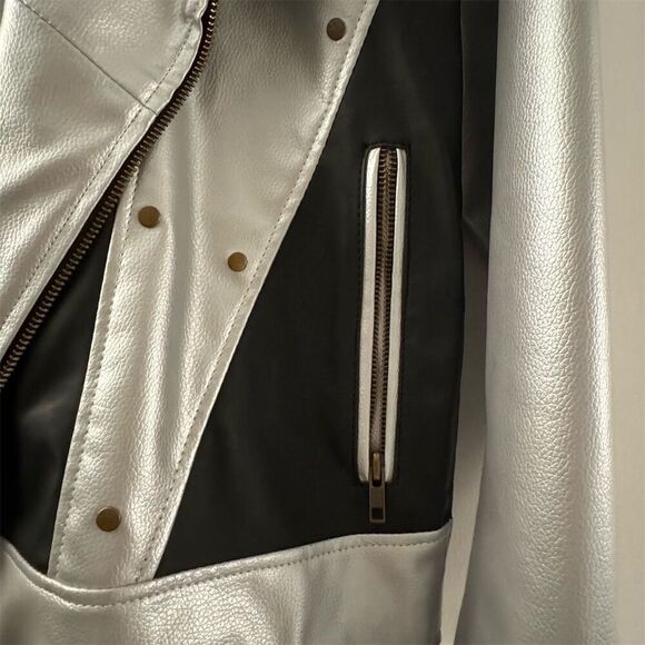 Vintage Leather Silver Black Motorcycle Jacket Unisex S - Picture 3 of 6